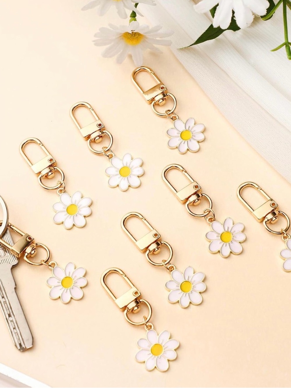Gold Daisy Keychain Boho Bag Charm - White & Yellow 2-Pack